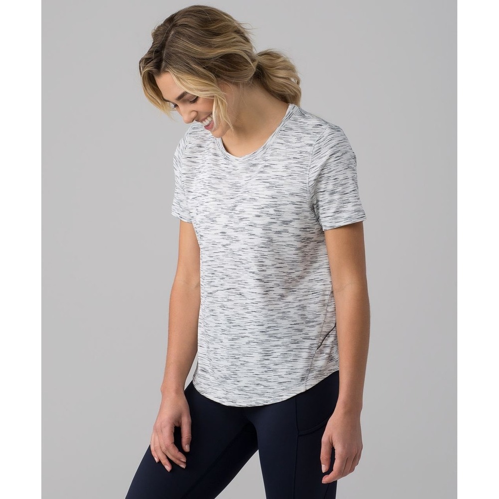 Lululemon S/S Long Distance Top 10 White Black Space Dye Athletic Yoga Shirt - Picture 1 of 7